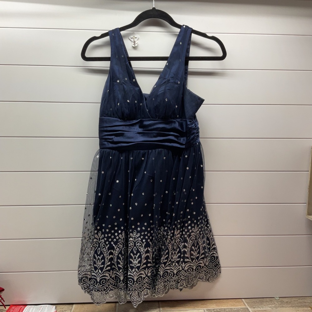 Morgan & Co Navy Blue Silver Glitter Filigree Tulle Cocktail Dress 9/10